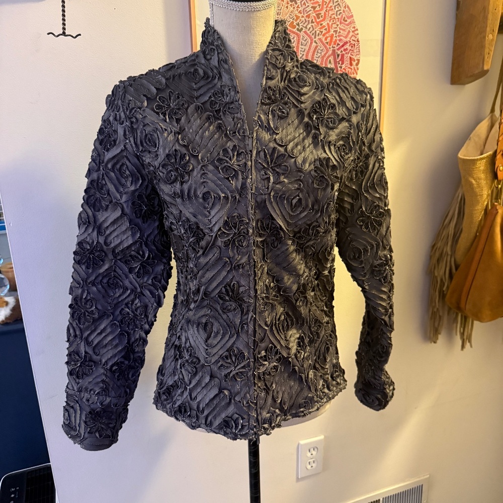 Samuel Dong Jacket Women M Textured Floral Ribbon Metallic Shimmer Gray